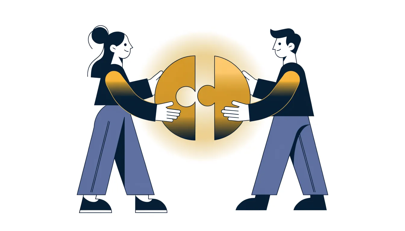 Two professionals fitting puzzle pieces together